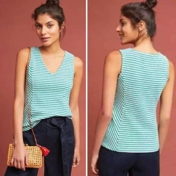 MAEVE Anthropologie Franconia Green & White Striped Tank Sz Small - Picture 1 of 6